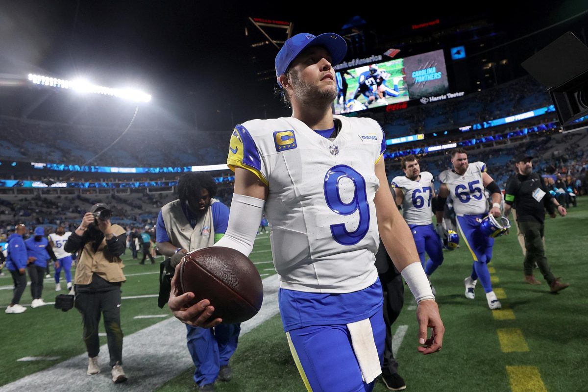 Los Angeles Rams quarterback Matthew Stafford (9) leaves the field after the Rams defeated the Carolina Panthers 34-31 in the NFC wild card game at the Bank of America Stadium in Charlotte, North Carolina, on Saturday, Jan. 10, 2026. (Eric Thayer/Los Angeles Times/TNS)