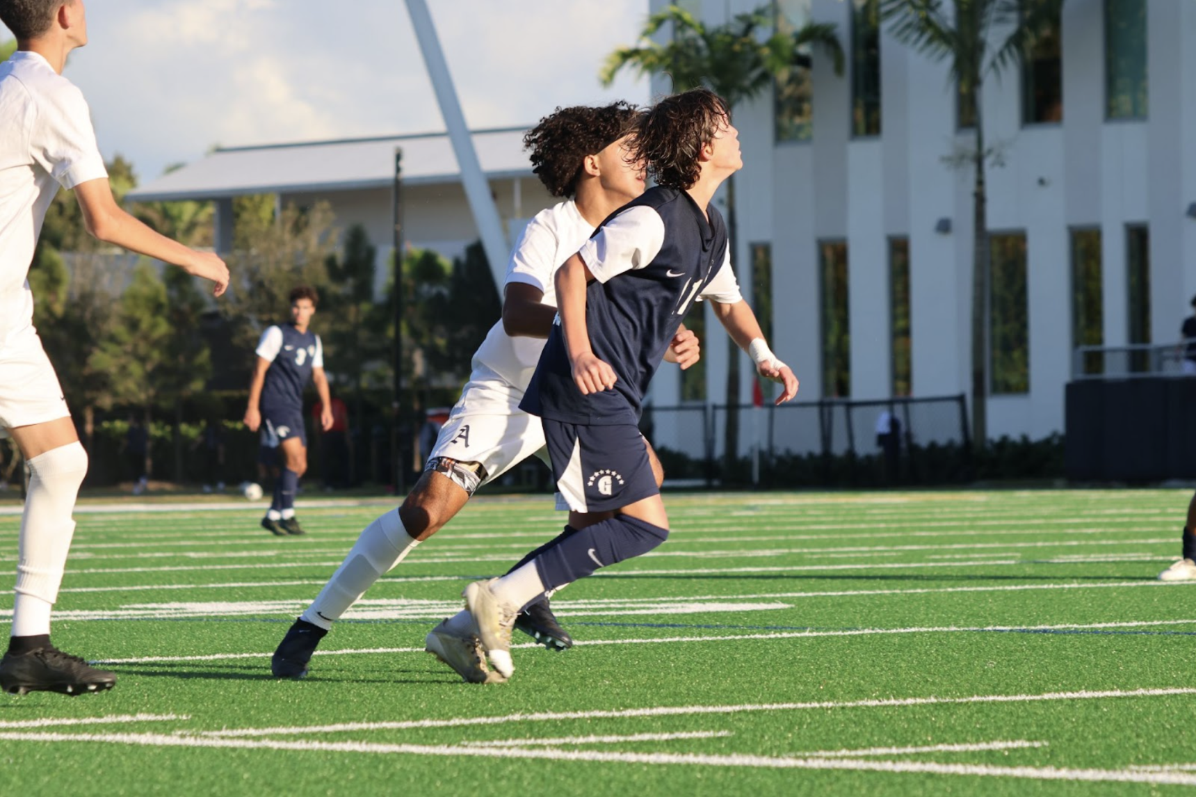 Freshman Roberto Ortega goes for the ball with a defenseman right on his hip. Ortega played a crucial number 10 position for this game. He progressed the ball upfield exceptionally and was a critical player on defense. 