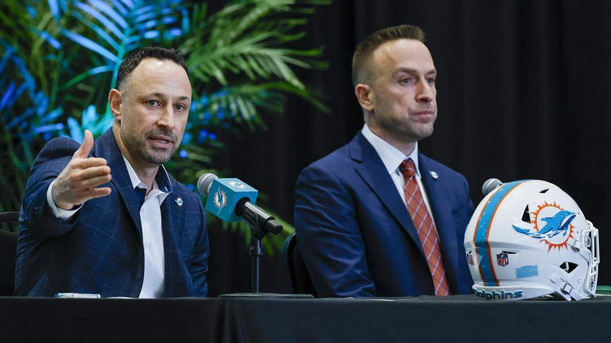 New Miami Dolphins General Manager Jon-Eric Sullivan speaks as new Head Coach Jeff Hafley listens during a press conference at the Baptist Health Training Complex in Miami Gardens, Florida, on Thursday, Jan. 22, 2026. (Al Diaz/Miami Herald/TNS)